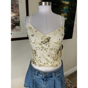 Y2K New Cream Beaded Sequin Mesh Cami Top Gold Floral Adjustable Straps Medium